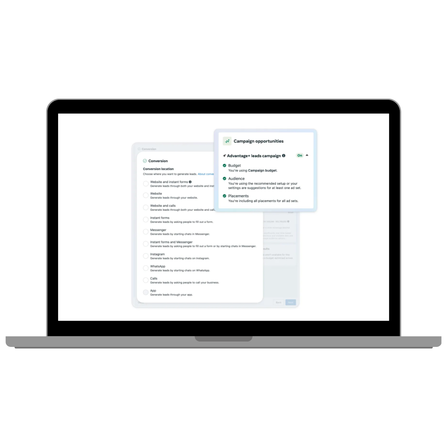 Meta’s Advantage+ leads setup screen highlighting instant and website form optimisation options, from SMK’s ‘Meta Adds New AI Tools To Supercharge Lead Gen’ article.