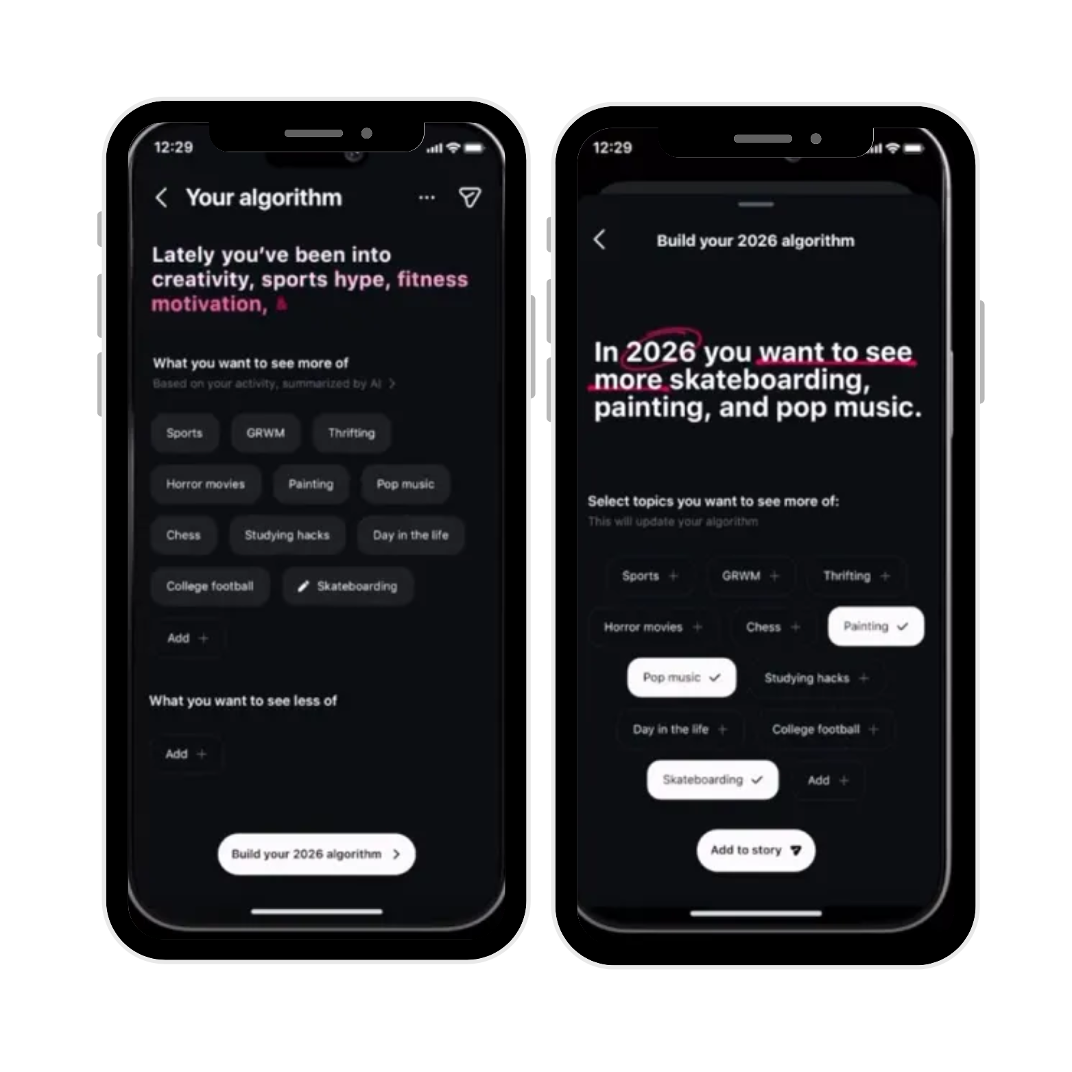 “Screenshot of Instagram Reels ‘Your Algorithm’ interest selection screen with a list of topic tiles, from Social Media Today’s coverage.”