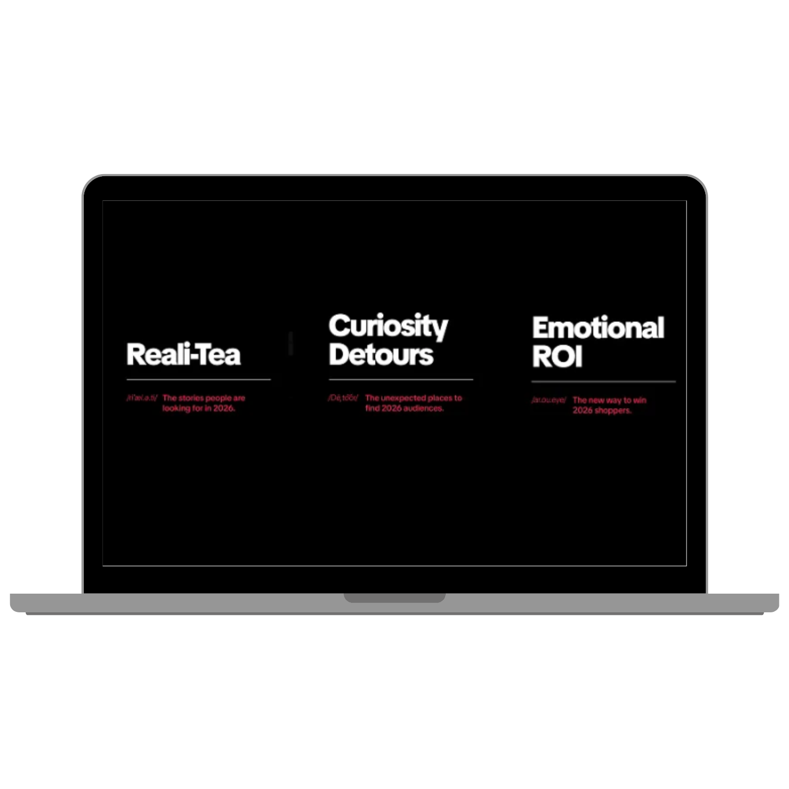 Graphic from TikTok Next 2026 showing three trend pillars titled Reali-TEA, Curiosity Detours and Emotional ROI